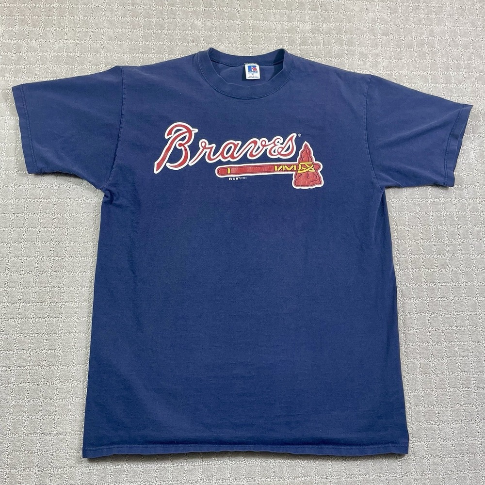 VTG 1994 Atlanta Braves MLB Baseball Sz XL Navy Russell Tomahawk Logo 90s Tshirt - Picture 2 of 5